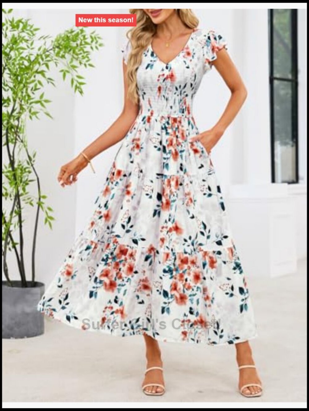 Flutter Sleeve Smocked Midi Dress V-Neck A-Line Ruffle - Picture 4 of 7